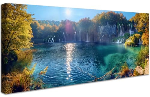 Mit Rahmen Leinwand Bilder Herbstliche Plitvicer Wasserfälle Leinwandbilder Bild auf Leinwand Malerei See Berge und Wälder Baum Bild Wandbilder Heim Wohnzimmer Schlafzimmer Wanddekoration 50x120cm