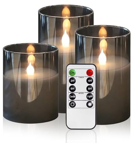 KOOSREEL LED Flameless Flickering Candles, 3 Pack Silver Grey Glass Battery Operated Candles with Remote, 3D Wick Realistic Warm Light LED Fake Candles with Timer ∅ 3 H 4 5 6