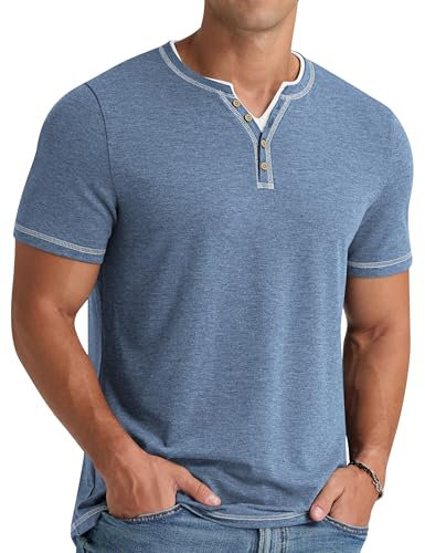 NITAGUT Men's Henley T-Shirts Short Sleeve Front Placket V-Neck Shirts Tops Summer Casual Fashion Tee Tops,Blue,2XL