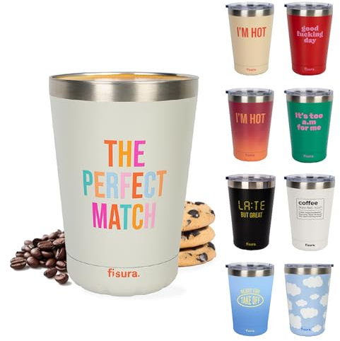 Fisura – Gobelet isotherme original The Perfect Match. Tasse de voyage beige. Mug thermique 310 ml en acier inoxydable. Idéal pour le café en déplacement. Sans BPA. Léger et pratique.