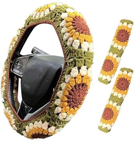 Häkeln Sonnenblumen Lenkradbezug, Boho Crochet Steering Wheel Cover, Lenkradhülle Mit 2 Gurtpolster, Autozubehör Innenraum Deko Frauen
