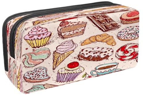 VAPOKF Federmäppchen, Federmäppchen, Schüler-Schreibwaren-Tasche mit Reißverschluss, für Jungen und Mädchen, Schul- und Bürobedarf, nahtloser Erdbeer-Hintergrund, Kuchen, Süßigkeiten, Marshmallow und