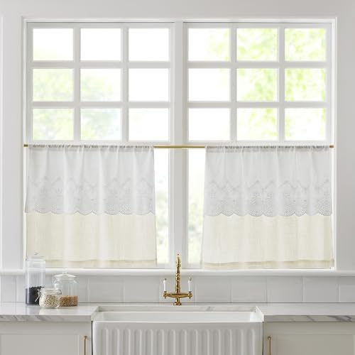 Lush Decor Brigitte Embroidery Eyelet Scalloped Edge Kitchen Tiers Pair 29 W x 24 L Neutral - Lace Curtains - Cafe Curtains - Country Cottage Decor