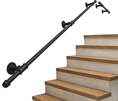 Industrielles Rohr-Handlauf-Set, mattschwarz, Treppengeländer, Vintage, rustikal, Gusseisen, Wandhalterung, Geländerstütze für Innen- und Außentreppen, langlebig und stilvoll
