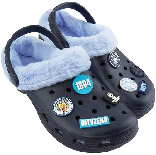 MANCHESTER CITY F.C. Clogs Mens Winter Fleece Lining & Removable Charms, Teens Garden Shoes Slip On Strap, Gifts for Men