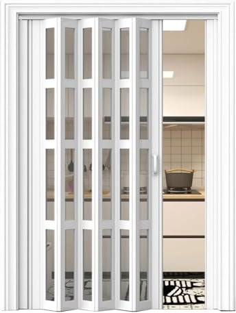 Weiß PVC Akkordeon Tür mit Holzmaserung Faltbare Dusche & Badezimmer Tür Transparent Fenster Design für Keller 90x210cm (35.4x82.7inch)