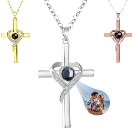 Ehihas Personalisierte Foto Projektion Halskette Memorial Geschenk Einzigartige Erinnerung benutzerdefinierte Schmuck HD Bild für geliebte Menschen Keepsake Design Anhänger (Wächterkreuz)