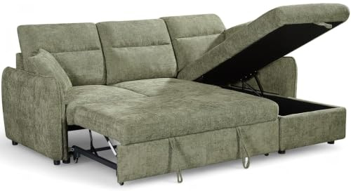 3 Seater Pull Out Sofa Bed with Storage Chaise Green ARCHIE - Durable Fabric Right Hand Corner Sofa for Living Room - L Shaped Couch - 200 x 140 Sleeping Area, Solid Wood Frame, Accent Cushions