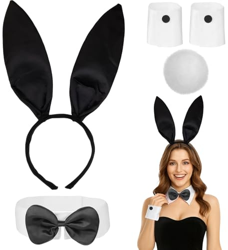 MUNSKT Costume de Lapin Set,Bandeau d'Oreille de Lapin Nœud Papillon Gants Manchettes Queue,Ensemble Déguisement de Lapin Halloween Noël Pâques Noël Cosplay Fetes