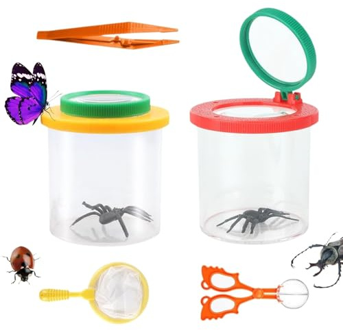 2 Stück Becherlupe Set, Insektenfänger mit Lupe, lupenbecher mit Schmetterlingsfangnetz, Pinzette, Forscherset für Outdoor Wissenschaft Natur Erkundung