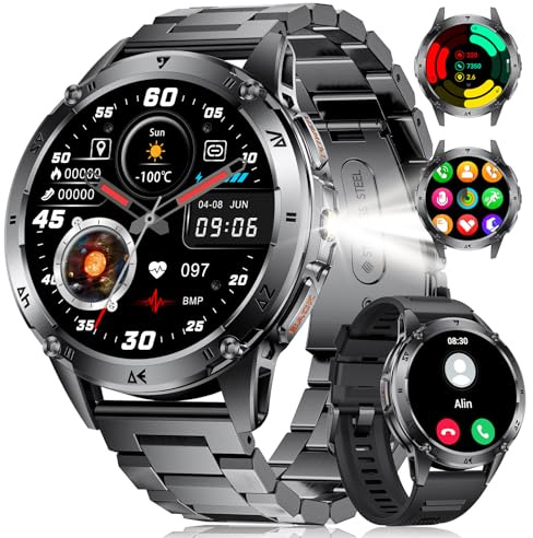 BENYAR SMART Montre Connectée Homme Militaire,1.43 AMOLED avec Appel Bluetooth/LED Lampe, 530mAh Batterie pour Android iOS, 24H Fréquence Cardiaque, 110+Modes Sportifs/Étanche IP68 Smartwatch, Noir
