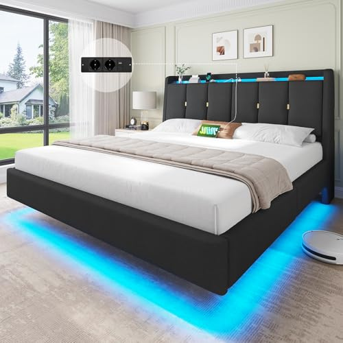 Brinlawb Polsterbett 160x200 cm Schwebebett mit LED-Beleuchtung und Ladestation (2 Steckdosen + 2 USB) Bettgestell 160x200 mit gepolstertem, angenehm geneigtem Kopfteil (klappbar, mit Stauraum) Grau