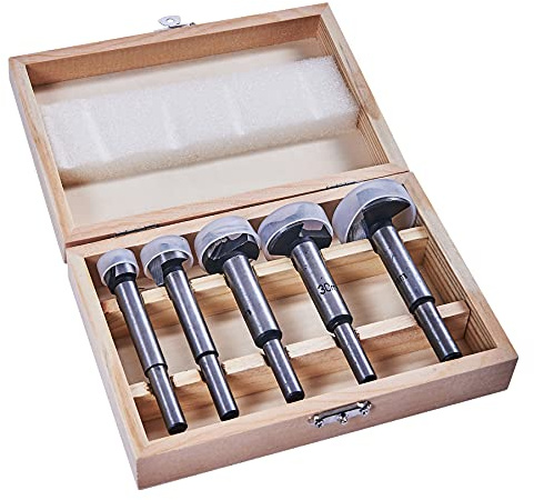 Amtech - 5pc Forstner bit set, flat-bottom holes in wood, heat-treated steel, wooden case, sizes 15/20/25/30/35mm