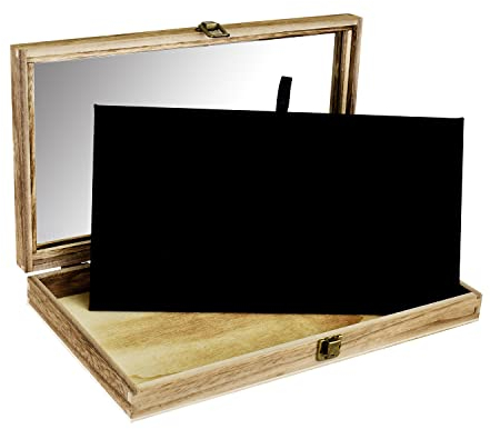 MOOCA Wooden Jewelry Display Case, Pocket Knife Display Case with Tempered Glass Top Lid and Removable Black Luxurious MDF Velvet Jewelry Pad, Oak Color