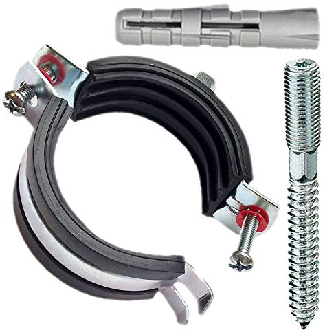 50 Stück Set HT Rohr Schelle aus Stahl verzinkt mit Gummi Schallschutzeinlage für Abflussrohr Außendurchmesser 110 mm 11 cm DN110 DN100 + Stockschrauben M8 + Dübel 10 mm Halterung Befestigung