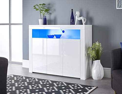 MMT Furniture Designs Ltd Buffet à 3 portes avec bandes LED Blanc mat et brillant 116 cm de large SIB-04