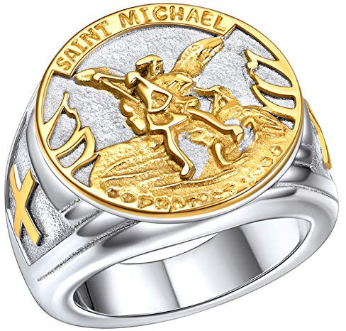 FaithHeart Chevalière Homme Or 18 carats,Anneau Signet Religieux Saint Michel Chrétienne,Bague Acier Inoxydable Taille 62,Bijoux Vintage Biker Porte Bonheur Cadeau Anniversaire Hommes
