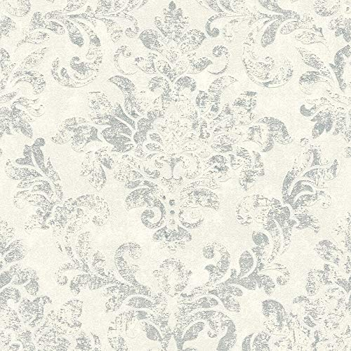 Moderne Ornamenttapete Weiß Silber | Vliestapete Barock Used Look | Tapete Elegant für Wohnzimmer und Schlafzimmer | Online kaufen!