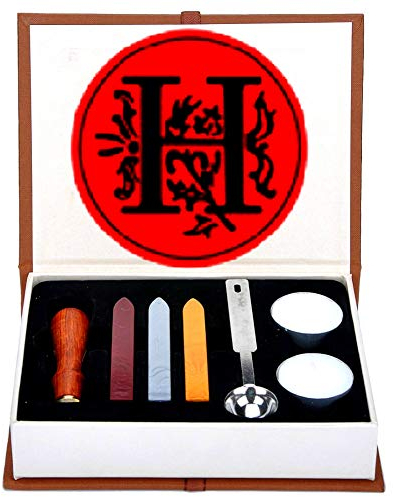 ANBOSE Alphabet H Letters Wax Sealing Stamp Kit - 1Pcs Wooden Handle Copper Seal, 3Pcs Wax Seal Sticks, 1Pcs Melting Spoon and 2Pcs White Candles