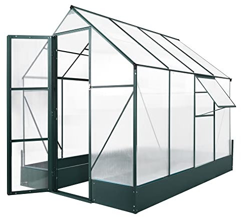 Outsunny 6x8 FT Polycarbonate Greenhouse with Base and Raised Bed, Walk-in Greenhouse with Aluminium Frame, Temperature Controlled Window, Foundation for Plants, Flowers, Vegetable