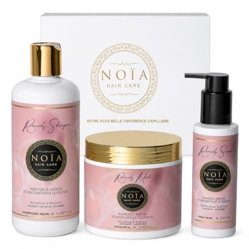 NOÏA HAIR – Coffret Prestige REMEDY – Shampoing 500 ml + Masque 500 ml + Sérum 100 ml – Kératine & Biotine – Réparation & Anti-Casse – Cheveux Abîmés & Fragilisés