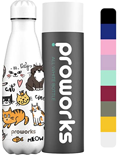 PROWORKS Bouteille d'eau Isotherme, sans BPA, Gourde INOX Reutilisable pour Maintien Chaud de 12 Heures & du Froid Jusqu’à 24 Heures, Sport, Gym, Voyage - 1 Litre - Tout Blanc - Fête des Chats
