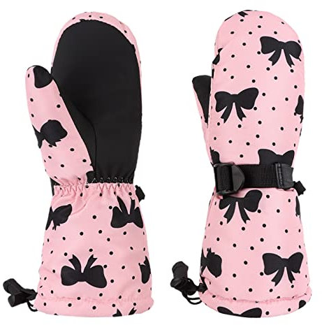 Pesaat Handschuhe Kinder Winter Jungen Wasserdicht Skihandschuhe Wärmende Fingerhandschuhe Mit Dinosaurier Fausthandschuhe (Rosa Schleife, 2-4 Jahren)