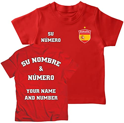 lepni.me Kinder Spanien Fußball T-Shirts | Dein Name und Deine Nummer | Fußball Europameisterschaft oder WM 2022 Geschenke (1-2 Jahre Rot Mehrfarben)