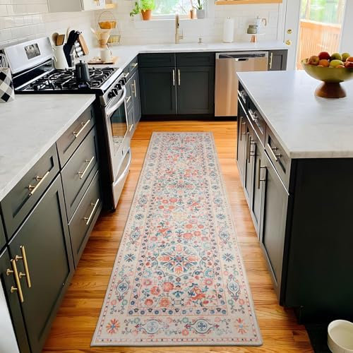 Fashriend Piny Boho-Läuferteppich, waschbar, floraler Akzent, rutschfest, Vintage, orientalischer Teppich, fusselfrei, bunter Teppich mit niedrigem Flor, für Eingang, Küche, Bad, Flur, Blau