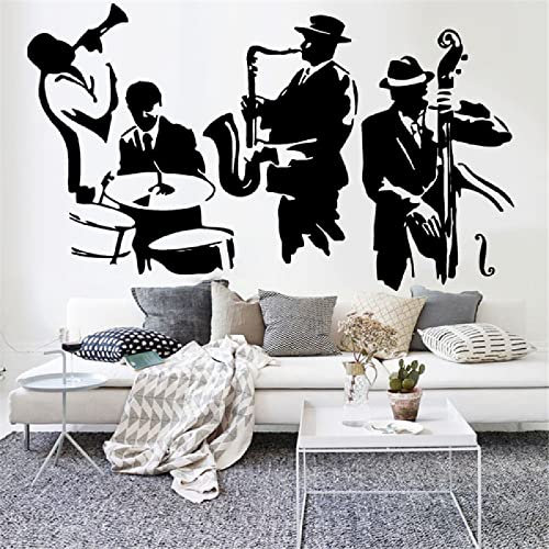 HEBIQUAN Jazz Wall Decal Saxophone Instrument Outils Bande Lecteur de Musique Vinyle Amovible Peinture Murale Salon Art Déco, noir, 57x34cm