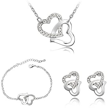 Schmuckset Silber 925 Damen Glanz Kristall Herzform Kette Halskette Ohrringe Armband Schmuck Sets Geschenke für Frauen