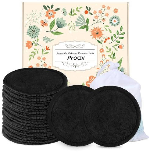 ProCIV Reusable Makeup Remover Pads, 25 Packs Organic Washable & Eco, Black