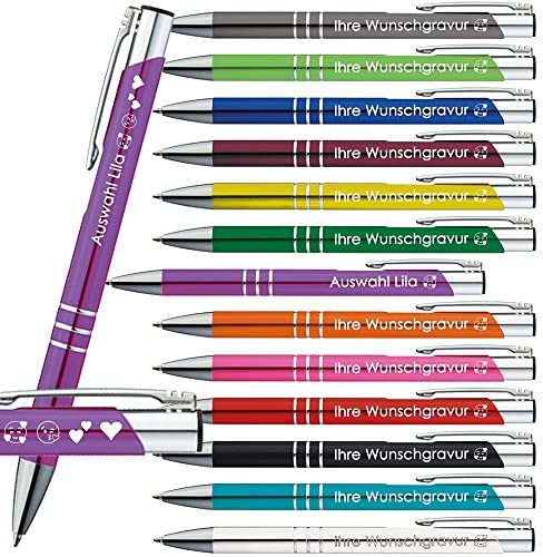 Generisch 100x Kugelschreiber mit Gravur | Emojis Gravur | 13 Farben Auswahl | Personalisierte Werbekugelschreiber mit Wunschgravur | (Lila, 100 Stück)