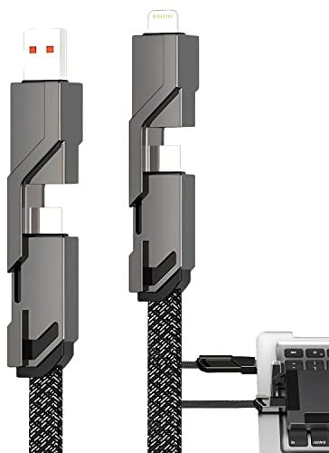 4-in-1 Flat Braided Anti-tangle Charger Cable with Velcro, 66w Fast Charging & Data Sync, Nylon Braided Charger Cables, Multi Charging Cable Combo Type C/USB A Ports