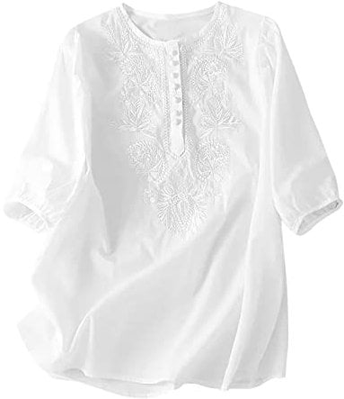 Summer Womens Cotton Linen Loose Blouse Tops Ladies T-Shirts Embroidery Shirts Short Sleeve Elegant Blouse Solid V Neck Tunic Tops Short Tee Shirts Going Out Dressy Tops Plus Size White XL