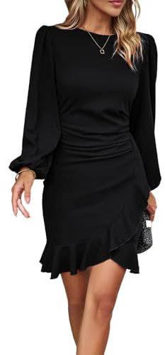 RPAEOY Vestito Donna Eleganti Manica Lunga Orlo a Volant Midi Bodycon Abito con Spacco Vintage Tubino per Cocktail Cerimonia Festa Ufficio Nero S