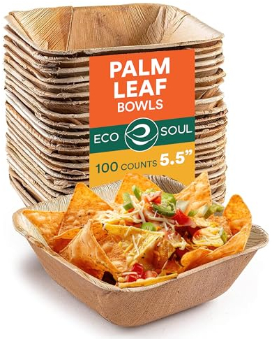 ECO SOUL Lot de 100 bols jetables en feuille de palmier, 475 ml, bol à dessert carré compostable en bambou | Robuste, respectueux de l'environnement, biodégradable et robuste pour aliments chauds et