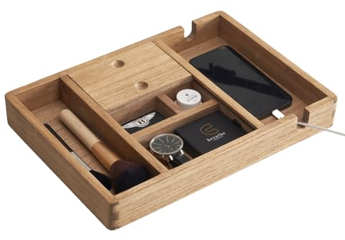 KIRIGEN 6 Compartment Valet Organiser Tray Wooden Nightstand Organiser Catchall Tray for Phone, Jewelry, Watch, Accessories Desk or Dresser Top Storage Box Holder with Magnetic Lid (SSP-DBR)