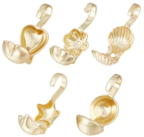 Beebeecraft 1 Box 100 Stück Perlenspitzen 14K Vergoldetes Messing 5 Stile Offene Perlenspitzen Knotenabdeckung Winzige Clamshell Falten Culotte Endkappen Für Knoten Und Crimp 4.5 mm Innendurchmesser