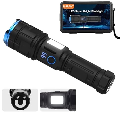 ERAY Taschenlampe LED Aufladbar, Extrem Hell Taschenlampe mit Leistungsanzeige/Zoombare/IPX5 Wasserdicht/7 Lichtmodi/USB Kabel, Flashlight Torch für Camping Wandern Notfälle