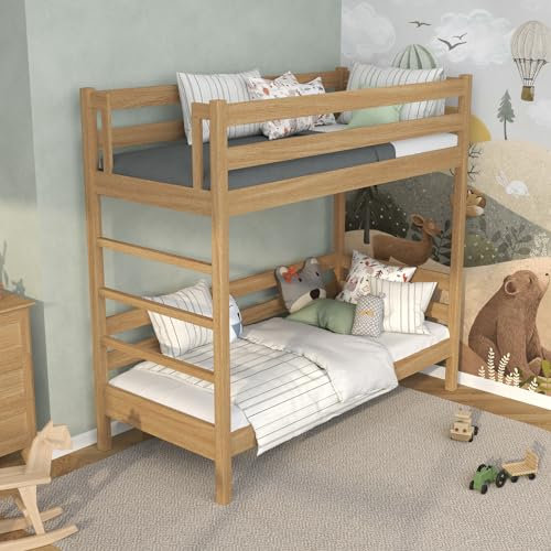 N-Wood N03 Etagenbett, Hochbett 80x200 cm, aus Eichenholz, 2 Leitermontageseiten: Links oder rechts, sichere abgerundete Kanten, Stabile Massivholzkonstruktion, inklusive Lattenrost, Natureiche