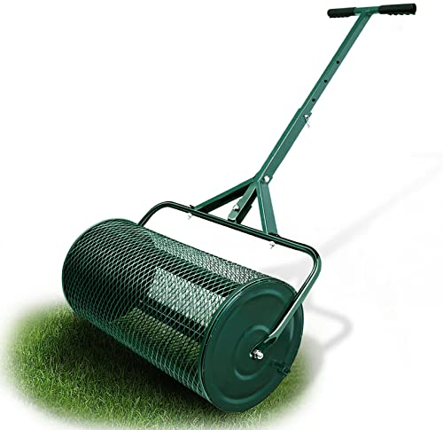 Épandeur de compost, rouleau de gazon durable de 27,5 pouces – Épandeur de terre supérieur pour l'entretien de la pelouse et du jardin Épandeur de fumier léger avec poignée en forme de T améliorée