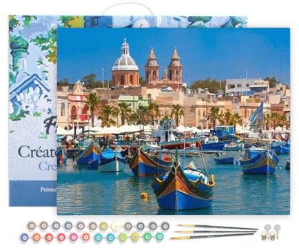 Figured'Art Peinture par Numéro Adulte avec Cadre Le Port de Malte - Activité Manuelle Kit de Loisir Créatif DIY Numéro d'Art Complet - 40x50cm toile tendue sur châssis