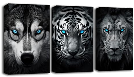 LZIMU Schwarz Weiß Tiere Wandbild 3er Set Wolf Tiger Löwe mit blauen Augen Leinwand Kunstdrucke Wildtierbild Wanddekoration für Büro (A, 28.00 x 35.00 cms x 3PCS)