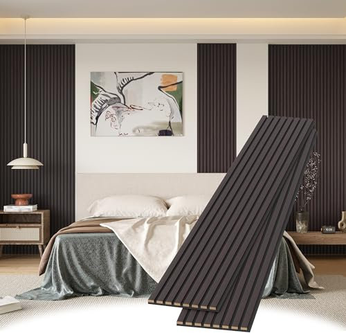 POHARE Wood Slat Wall Panels, 2 Pack 8 x 1 ft Decorative Wood Panels for Wall,Stylish Wall Panels for Interior Wall Decor, Modern Acoustic Wood Wall Panels with Felt Backing, Black-Brown Oak