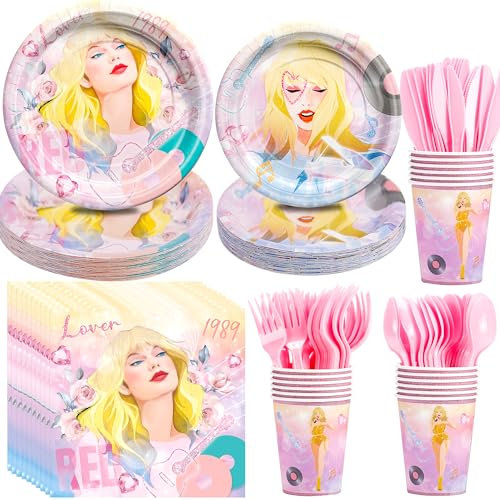 NAIWOXI Tylor Singer Birthday Plates And Napkins Party Supplies - Music Singer Swifts Birthday Tableware Decorations, Plate, Napkin, Cup, Cutlery, Superstar Tylor Fans Table Decorations | 24 Guests