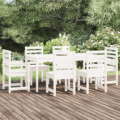 Rantry 7-TLG. Garten Essgruppe Sitzgruppe mit Gartenstuhl Gartenmöbel Set Essgruppe Sitzgarnitur Gartentisch mit Stühlen Gartengarnitur Balkonmöbel Terrassenmöbel Weiß Massivholz Kiefer
