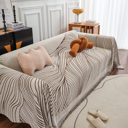 Epinki Sofaüberwurf, 180x150CM Sofahusse 1 Sitzer mit Quaste Streifen Muster, Wohnzimmer Sessel Hunde Haustiere Sofahusse aus Chenille Anti-Rutsch-Couch, Kaffee