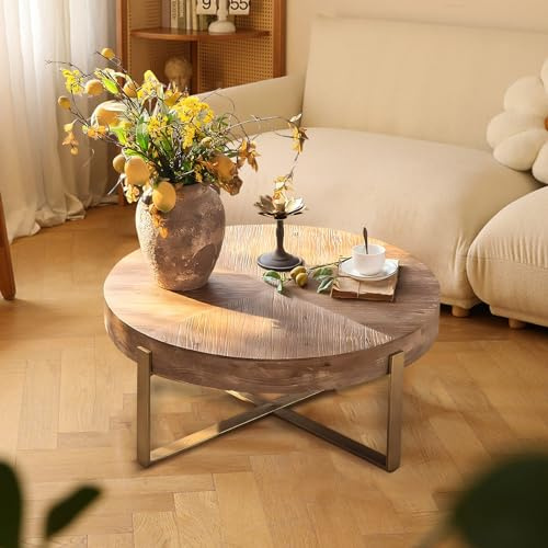 Table basse circulaire en bois massif avec croix dorée et pieds en métal, table basse ronde moderne du milieu du siècle