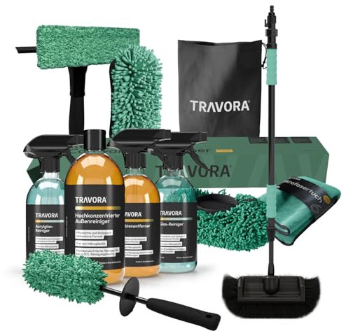 TRAVORA Premium Caravan- und Camper Reinigungsset - 11-teiliges Reinigungsset inkl. Bio Caravan Reiniger, Teleskop Waschbürste Wohnmobil, Brush Cover, Felgenbürste, Schwamm, Tuch, Wischer & Tasche